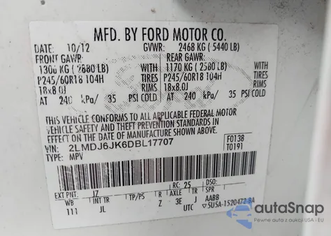 2013 Lincoln Mkx z USA, uszkodzony, nr VIN 2LMDJ6JK6DBL17707